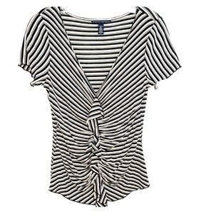 Banana Republic stretch ruffle front tan/black top